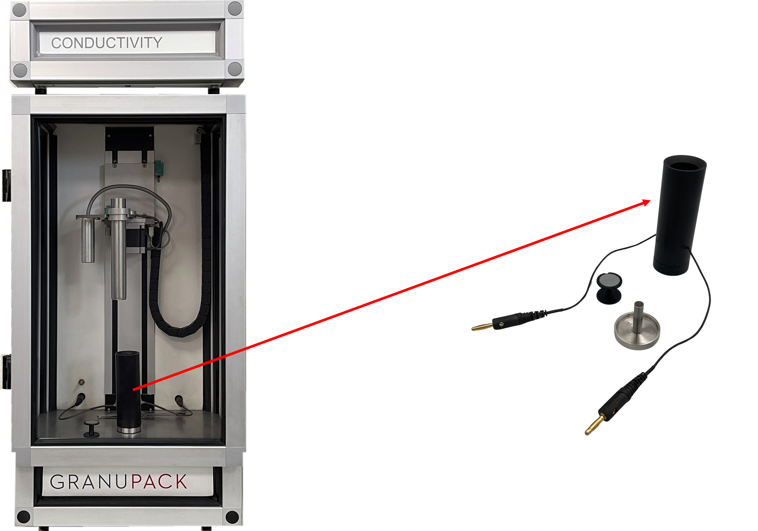 Figure 2: (left) GranuPack with the conductivity unit. (right) conductivity cell.